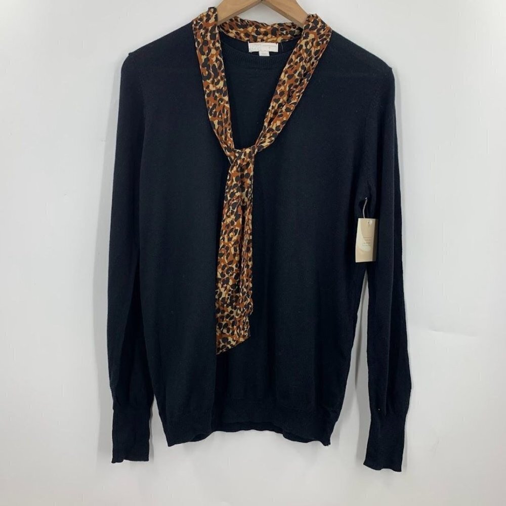 14th & Union Women's Leopard Tie Scarf Knit Pullover Sweater Black Size S NWT